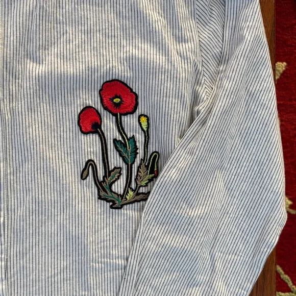 Sam Edelman Pin Striped Shirt Dress or Nightshirt with Floral Embroidery Large - Picture 4 of 9